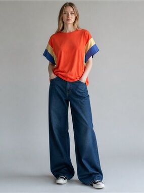 Hailey & Co Bright Orange Tee with Contrasting Stripe Sleeves NWT